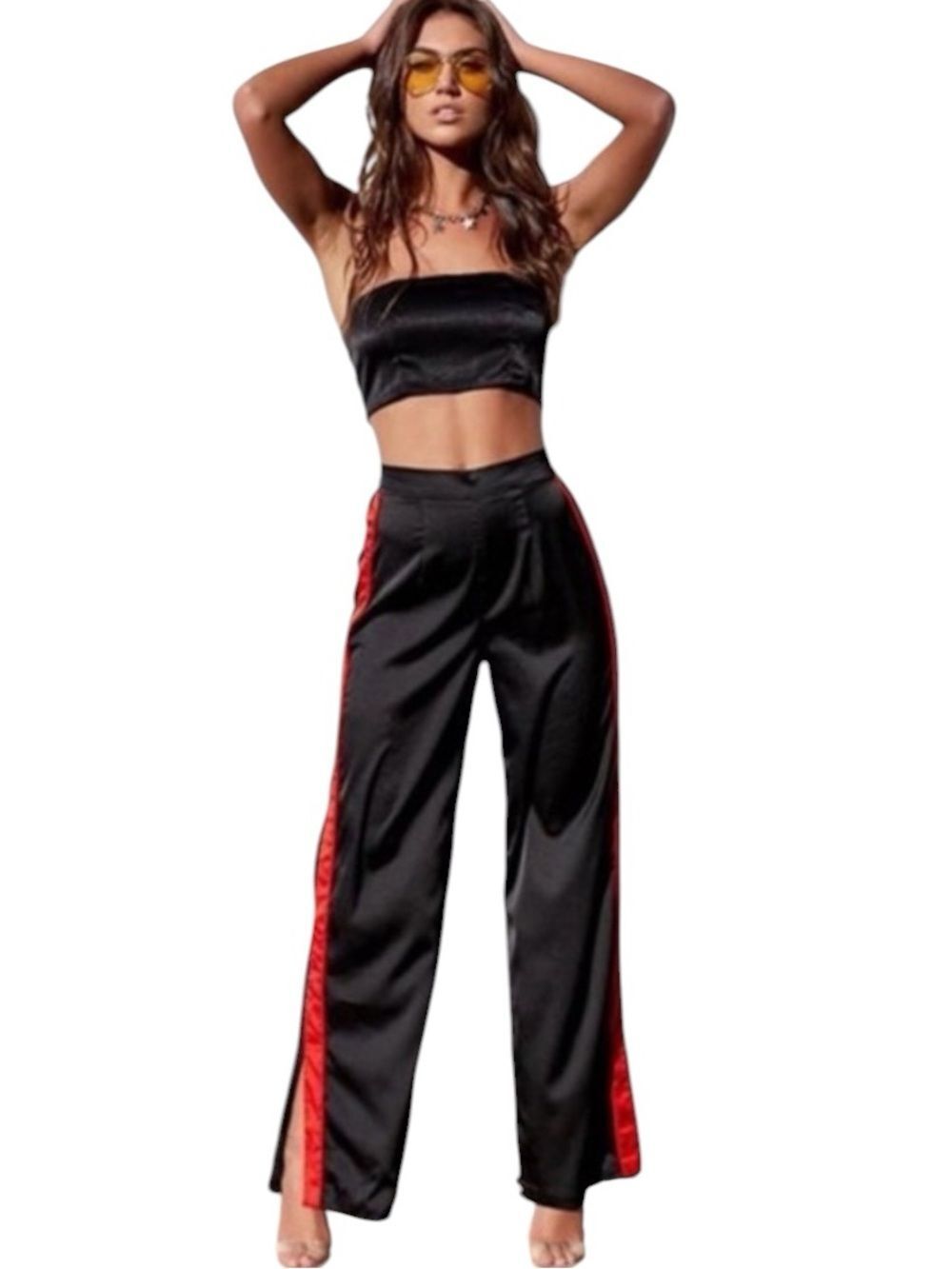 I.AM.GIA Satin Wide-Leg Track Pants with Red Side Stripe SPLIT - Black/red XS
